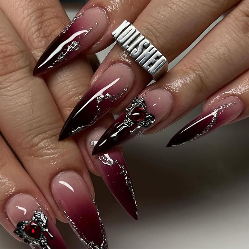 ASABITE 24 قطعة أظافر صناعية حمراء داكنة طويلة على شكل لوز مع تصميم لامع من الأحجار الكريمة القابلة لإعادة الاستخدام طقم أظافر أكريليك أظافر صناعية على شكل كعب كامل تغطي الأظافر للنساء - Image 1